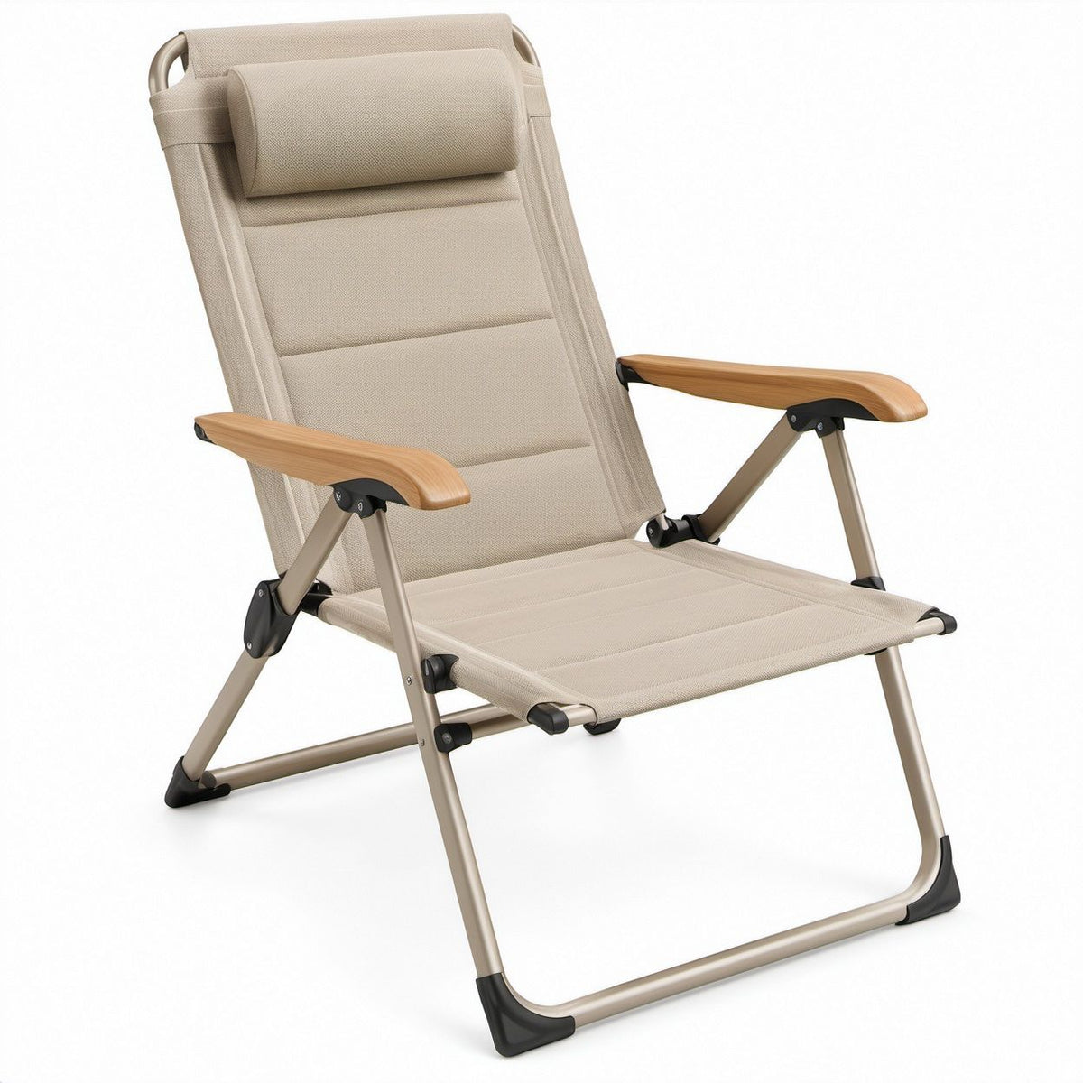 Klappstuhl Beige/Taupe mit Aluminiumgestell, Polyestergewebe und Kopfkissen, 68 x 60 x 105 cm