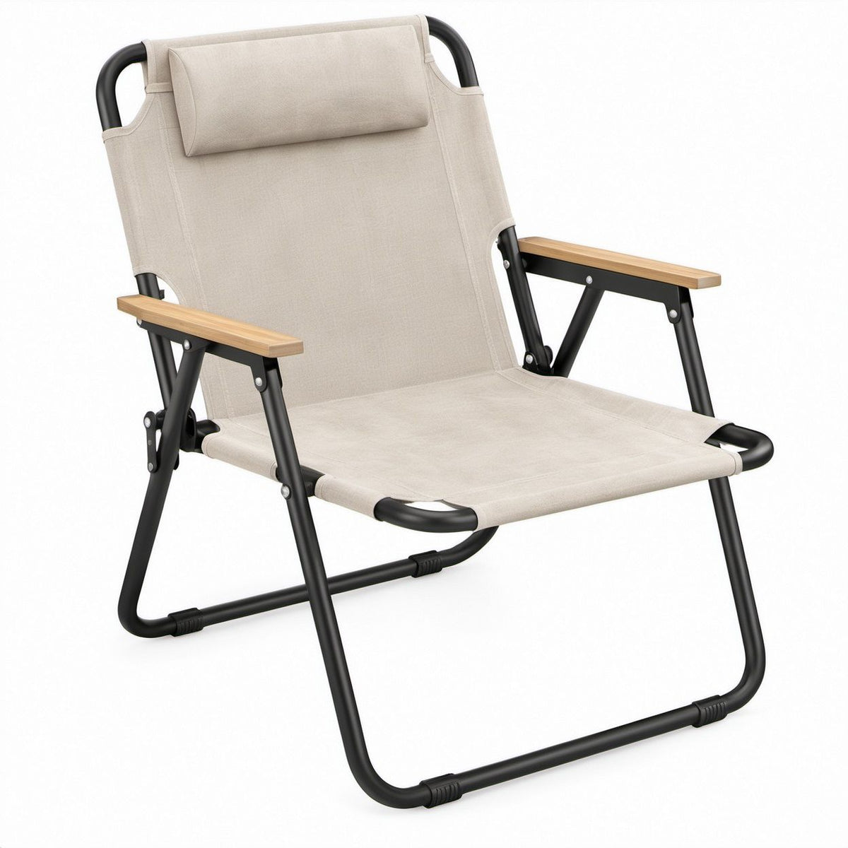 Klappbarer Campingstuhl Beige/Schwarz/Natur mit Polyesterbezug, Stahlgestell und Bambusarmlehnen, 60 x 70 x 95 cm