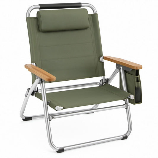 Klappstuhl Olivgrün mit Aluminiumgestell und Bambusarmlehnen, 58 x 55 x 90 cm