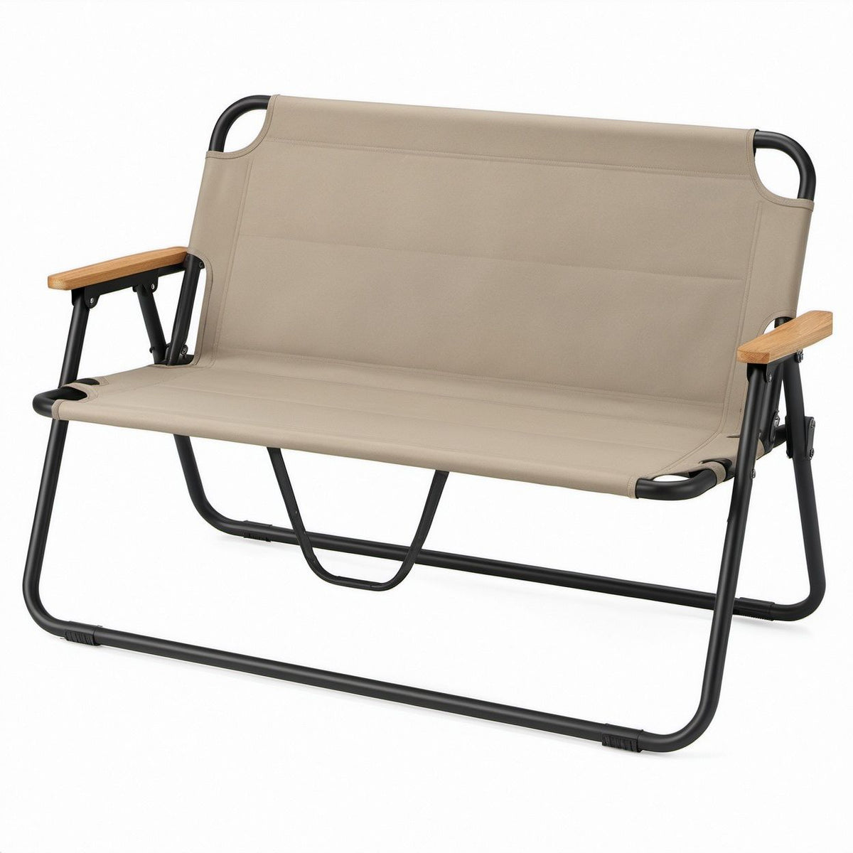 Faltbare 2-Sitzer-Campingbank Beige/Schwarz/Naturholz, 116 x 60 x 78 cm