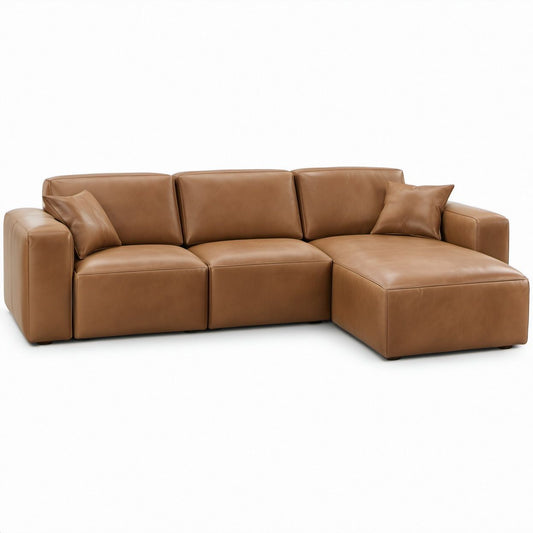 Ecksofa mit Recamiere rechts, 3-Sitzer, PU-Kunstleder Cognacbraun, 285 x 165 x 84 cm