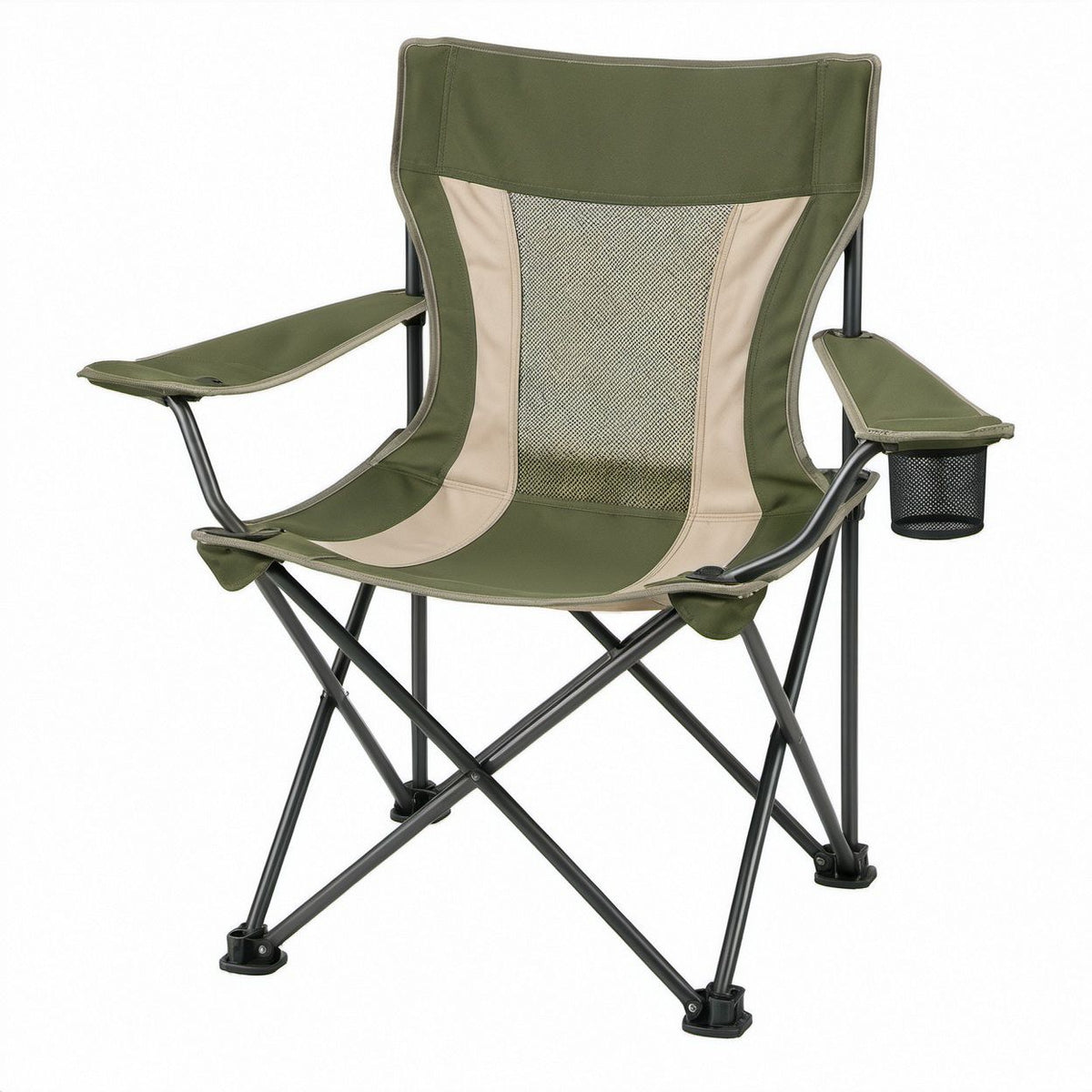 Camping-Klappstuhl mit hoher Rückenlehne, Getränkehalter, Olivgrün/Beige/Schwarz, 60 x 50 x 95 cm