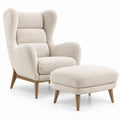 Ohrensessel-Set mit Hocker, Bouclé-Bezug Beige, Holzbeine Naturbraun, Sessel 80 x 90 x 105 cm