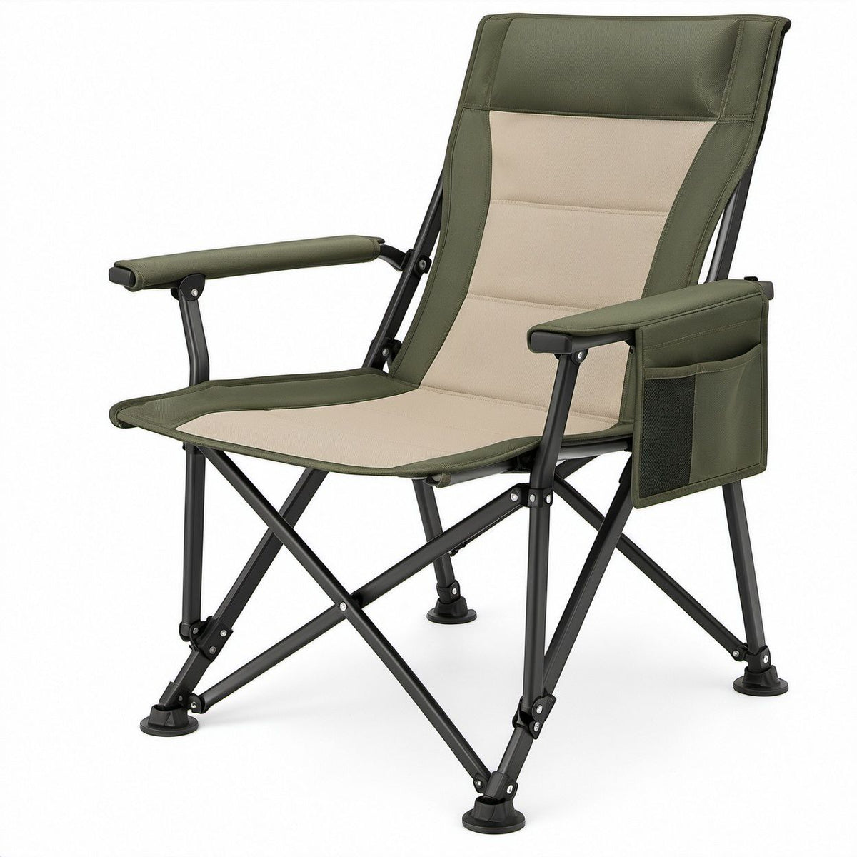 Klappbarer Campingstuhl mit Armlehnen und Seitentasche, Olivgrün/Beige/Schwarz, 60 x 50 x 95 cm