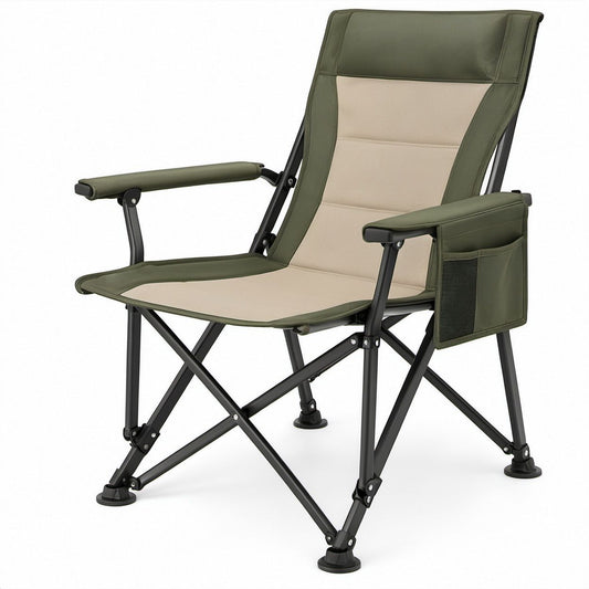 Klappbarer Campingstuhl mit Armlehnen und Seitentasche, Olivgrün/Beige/Schwarz, 60 x 50 x 95 cm